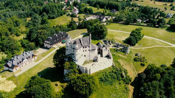 Morning aerial view on the medieval royal castle Bobolice. Poland. High quality 4k footage