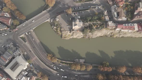 Aerial view of Metekhi bridge in old Tbilisi, Georgia 2021 autumn