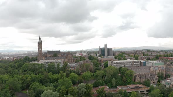 Rising drone shot of Glasgow University West of the city