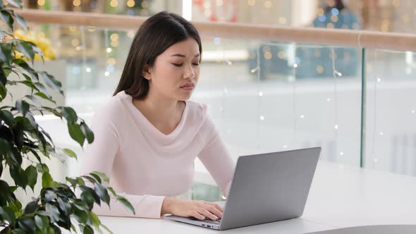 Sad Upset Asian Businesswoman Read Bad News Failure with Laptop Frustrated Girl Woman Disappointment