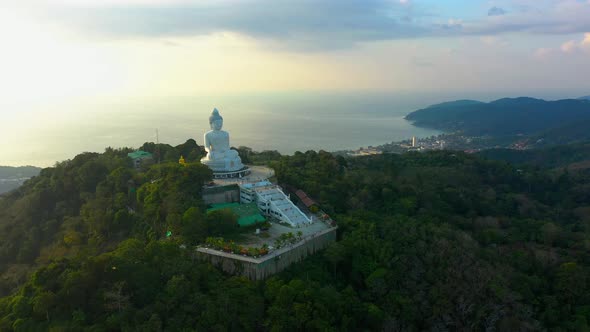 Aerial View of White Big Buddha Statue Temple on Hilltop Phuket Thailand