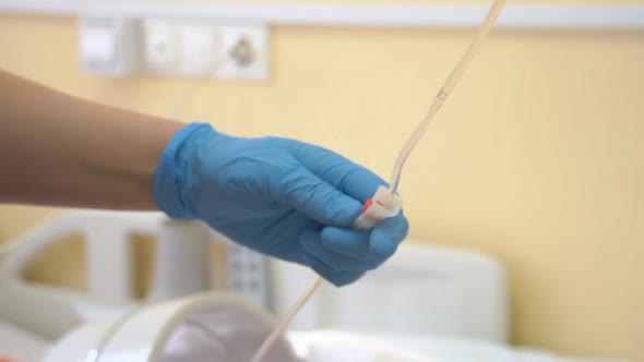 Nurse Putting a Drip Into the Catheter Lying Patients