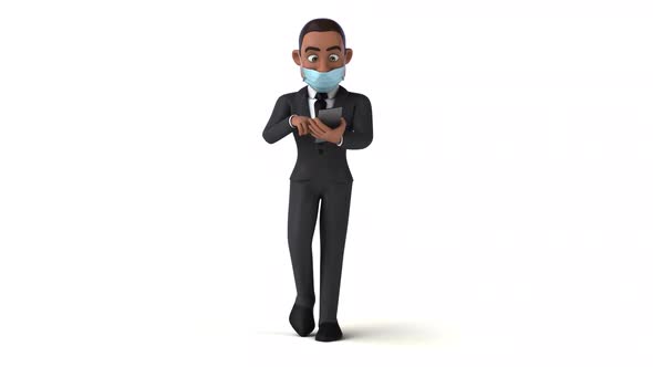 Fun 3D cartoon business man walking with a phone and the dangers of social media