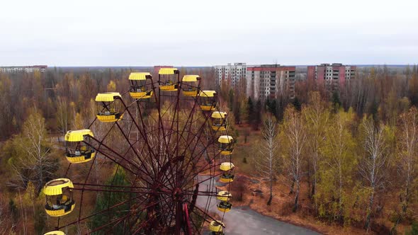 Chernobyl Exclusion Zone. Pripyat. Aerial. Abandoned Ferris Wheel.
