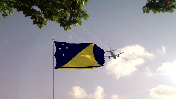 Tokelau Flag With Airplane And City -3D rendering