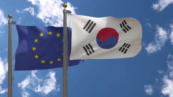 European Union Flag Vs South Korea Flag On Flagpole