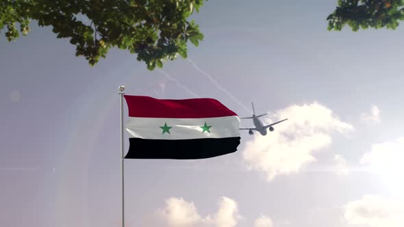 Syria Flag With Airplane And City -3D rendering alt