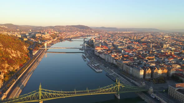 Bridges span the River Danube on a beautiful morning in Budapest