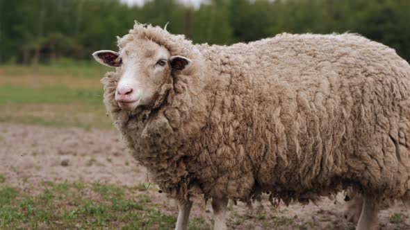 A Lamb Grazing in a Meadow, Closeup