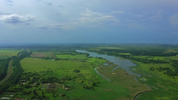 Aerial View River In Nature In Summer