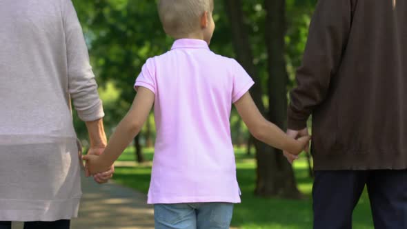 Old Couple Walking With Boy in Park, Holding Hands, Adoption Social Support