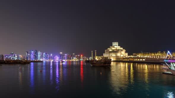 Beautiful Museum of Islamic Art Night Timelapse Hyperlapse in Doha Qatar