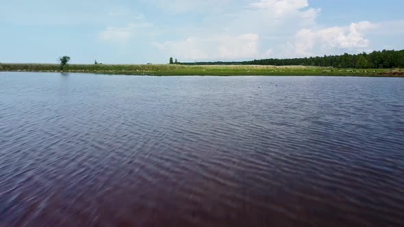 Aerial flyover above a tranquil lake Pape (Latvia) surface in calm summer day, seagulls flying, wide