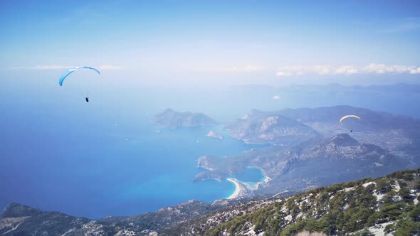 Drone view on world famous paragliding spot in Oludeniz, Fethiye, Turkey