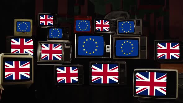 British Exit, Brexit, UK Union Jack Flags and Europe Flags on Retro TVs.