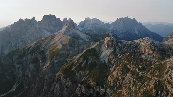 Aerial View Over Locatelli Dreizinnen Refuge at Three Peaks of Lavaredo  Tre Cime Di Lavaredo