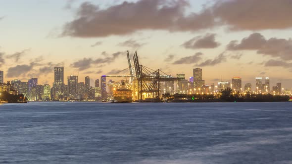 Miami Port and Miami Urban Skyline in Evening