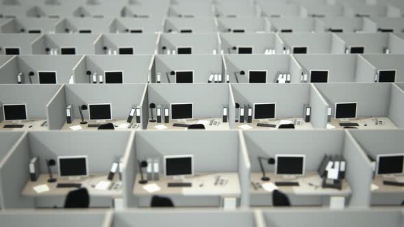 Aerial view of the corporate open room with white, empty office cubicles.