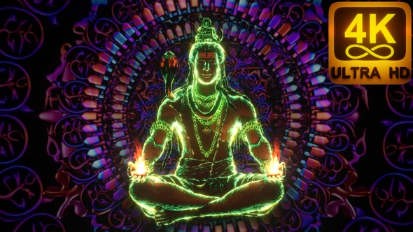 Yoga Colorful 3D Background Ancient Symbols Rotating Glowing Lord Shiva Hindu God Controlling Fire