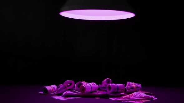 Money on Table Closeup Cash Illuminated with Pink Light