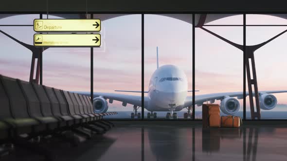 Airport Terminal With Chairs In Waiting Departure Area alt