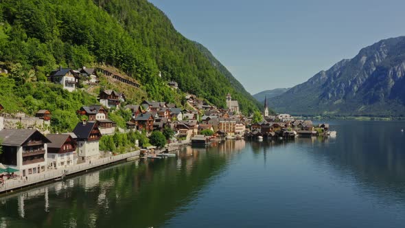 Panoramic View of the Hallstatt Located on the Lake at the Foot of Mountains