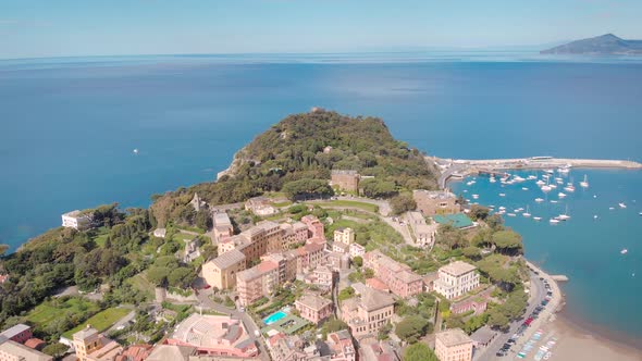 Aerial Shot. Town in Italian Liguria. Sestri Levante, Resort Town with a Beautiful Bay, and Cozy