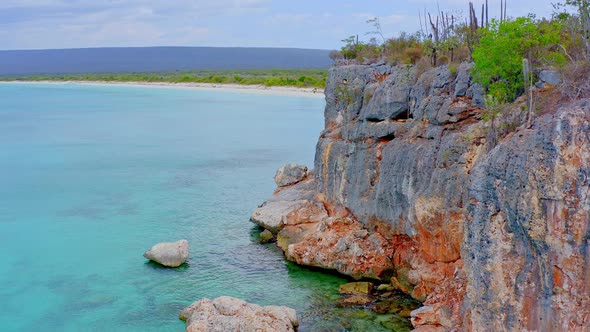 Drone view of  rock at bahia de las aguilas or eagles bay in Dominican Republic. Aerial