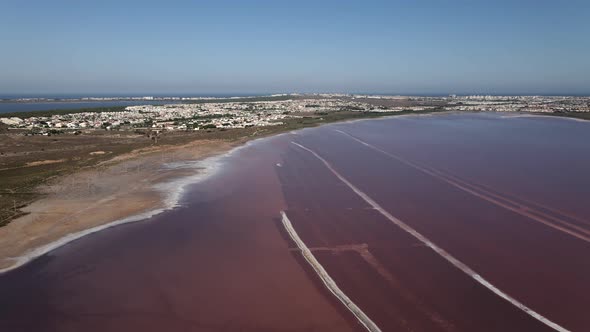 Aerial View of Pink Lake of Las Salinas Torrevieja Cityscape and the Mediterranean Sea Costa Blanca