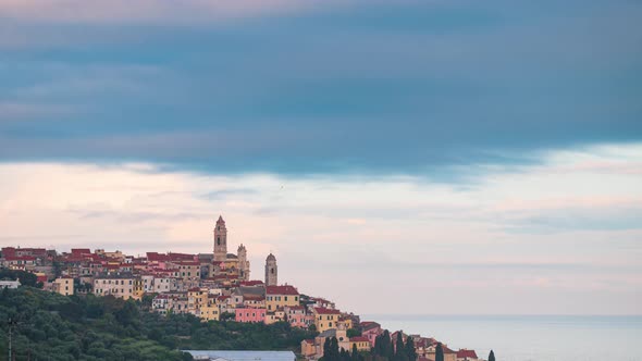 Time lapse sunset to twilight: the historical town of Cervo, Liguria, Italy