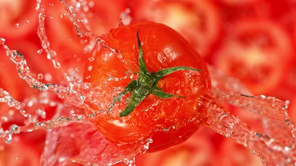 Super Slow Motion Shot of Splashing Water on Rotating Tomato at 1000Fps