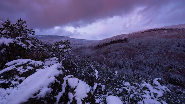 Sunset Time Lapse of Snowy Landscape. Sunset View Time Lapse of Snowy Mountain Forest Landscape with