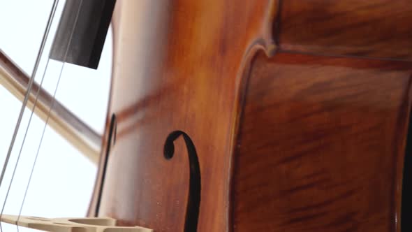 Woman Hand Playing Violoncello with Cello Bow. Close Up