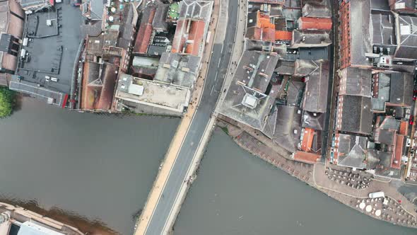 Top down drone shot over York city centre bridge st river Ouse