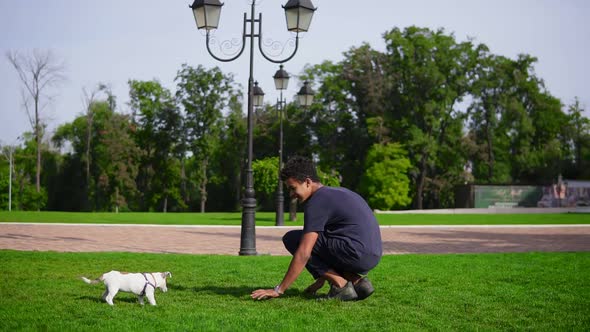 Young Handsome African Man Playing with Puppy in the Park Running Together on the Green Grass