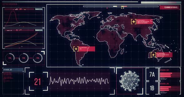Animation of the world map on a screen with icons popping, macro coronavirus Covid-19 cell analyzed