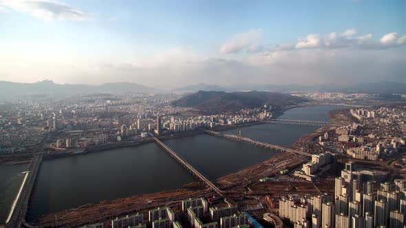 View of Modern Korea, Seoul City with River Bridge