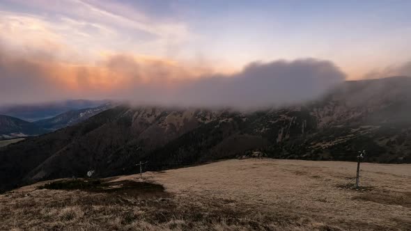 Peaceful Evening Nature at Sunset with Colorful Clouds Sky in Mountains Landscape