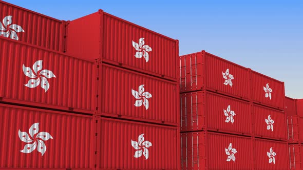 Container Terminal Full of Containers with Flag of Hong Kong