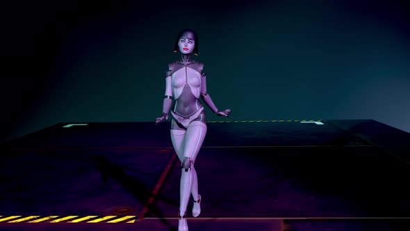 Beautiful Cyborg Girl Defiles on the Catwalk in Neon Light