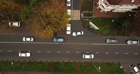 Drone View From Above to the Road Traffic in Autumn Time