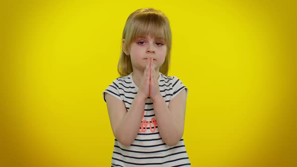 Kid Child Girl Praying Making Wish Asking with Hopeful Imploring Expression Begging Apology
