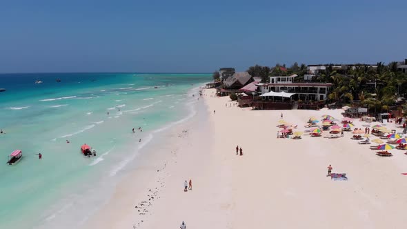 Aerial View Paradise Sandy Beach with Clear Turquoise Ocean Zanzibar Africa