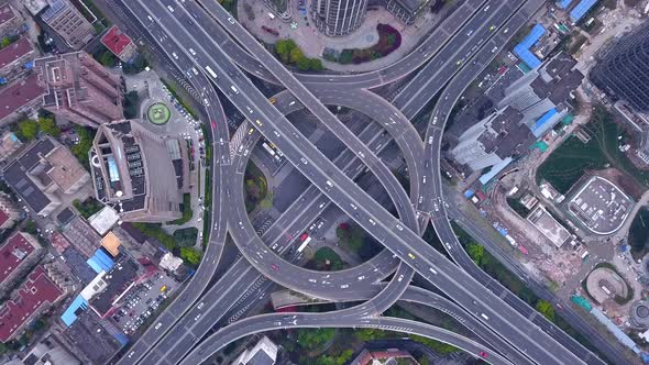 Aerial view of highway junctions. Urban city, Shanghai downtown, China.