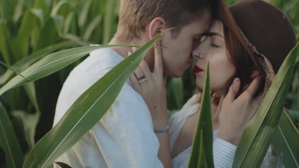 Beautiful Hipster Couple in the Corn Field