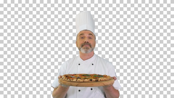 Happy senior cook with a pizza in hands, Alpha Channel