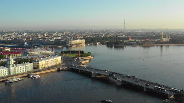 Neva River Palace bridge and Rostral Columns