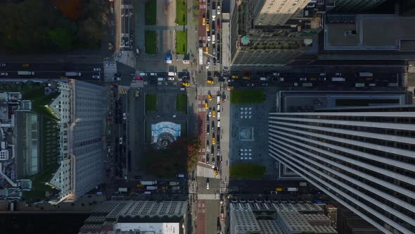 Aerial Birds Eye Overhead Top Down Panning View of Busy Streets at Pulitzer and Grand Army Plaza