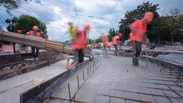 Road Construction Site with Tram Tracks Repair and Maintenance Timelapse Hyperlapse