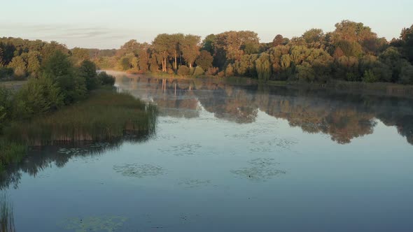 Beautiful morning, summer flight over the river. Fog, trees.